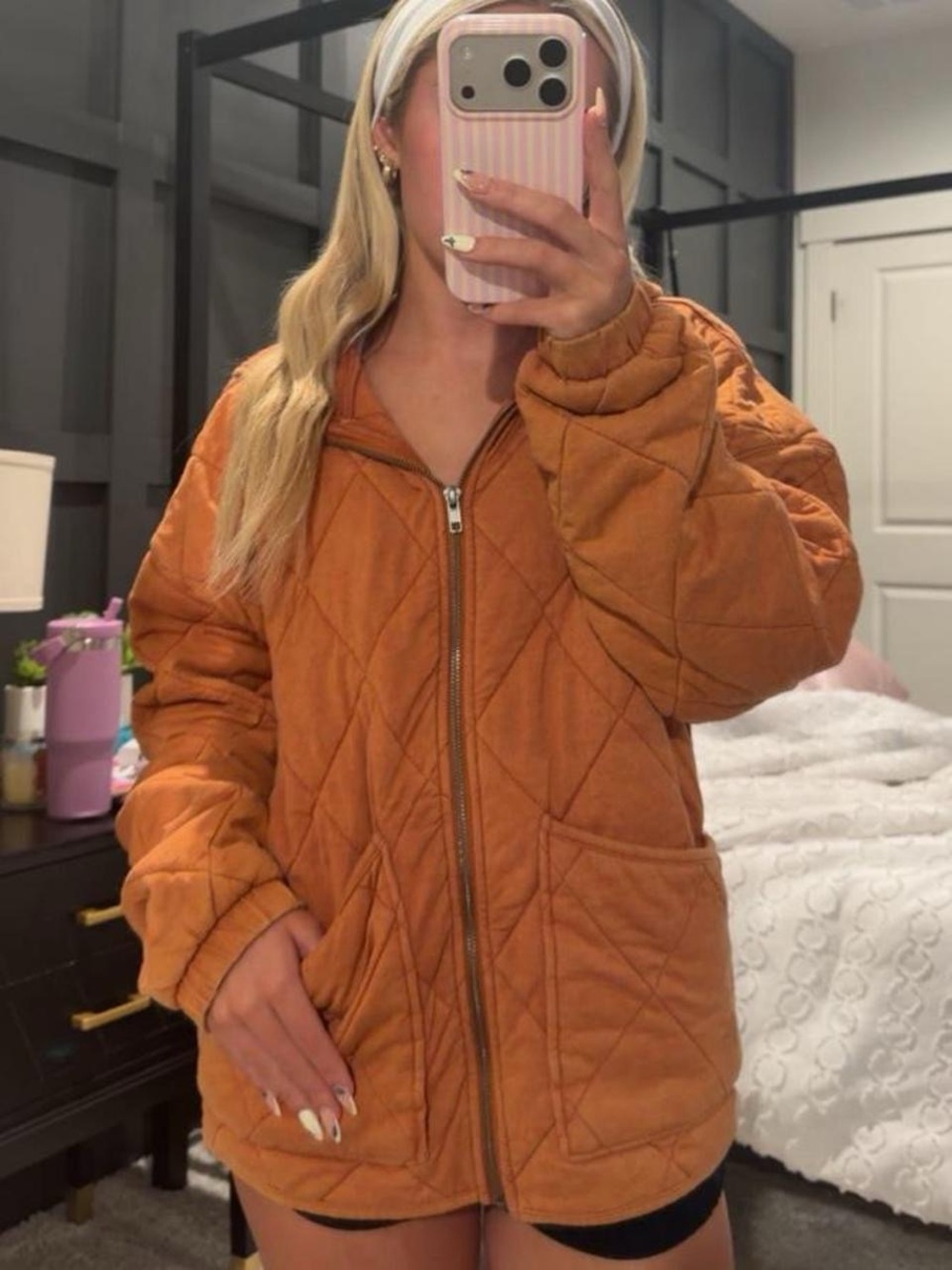 Quilted Zip-Front Jacket in Rust Orange